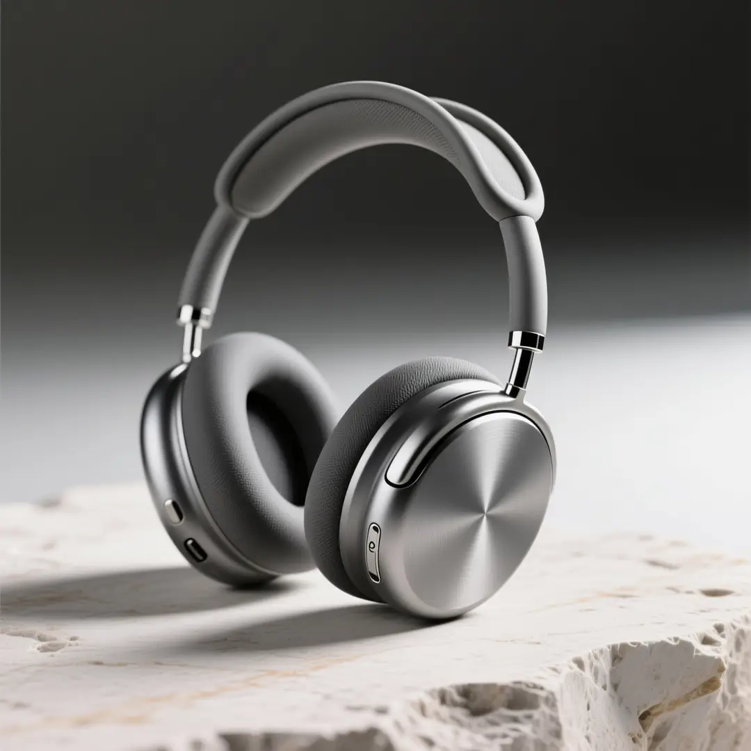 A sharp wireless headphones product hero shot with thoughtful material selections and a luxury color palette.